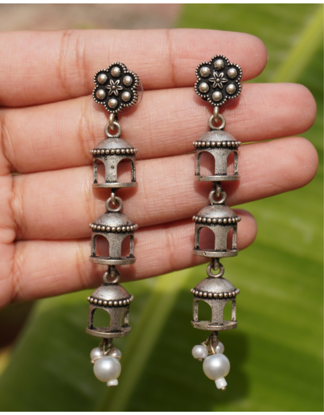 Tiered Jhumka Earrings with Pearls – Multi-Layered Tribal Drop Earrings