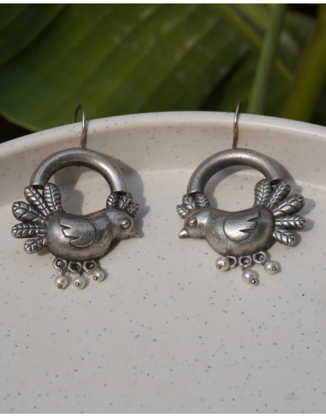 Artisan Sterling Silver Bird Hoop Earrings with Pearl Drops