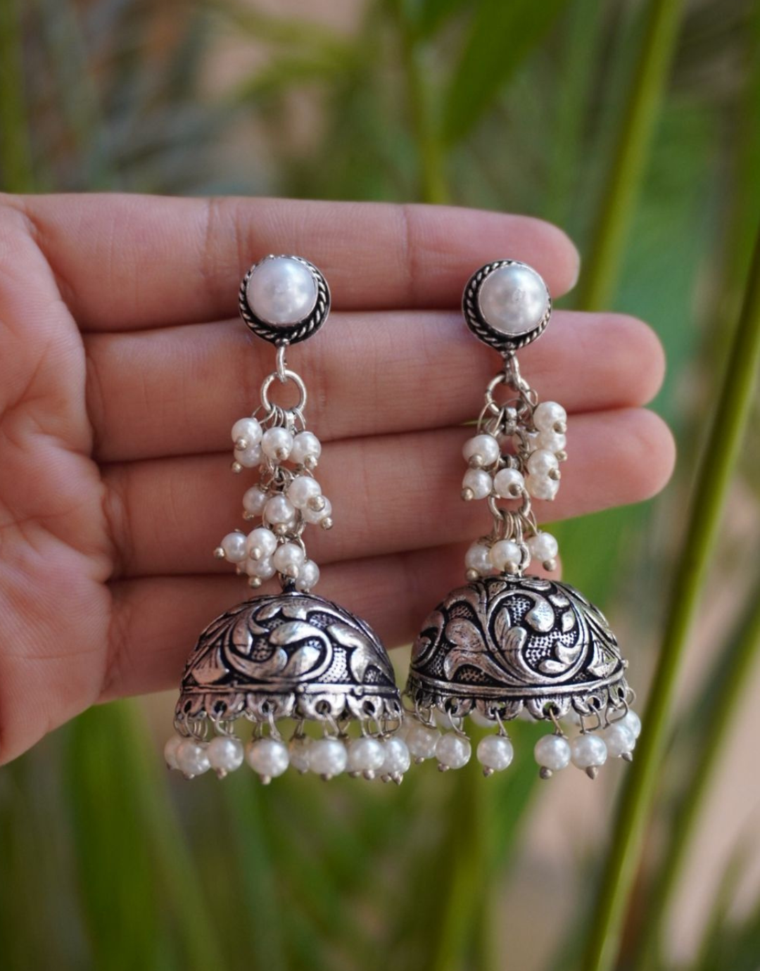 Silver Jhumkas with White Pearl Clusters – Ethnic Boho Style Statement Earrings