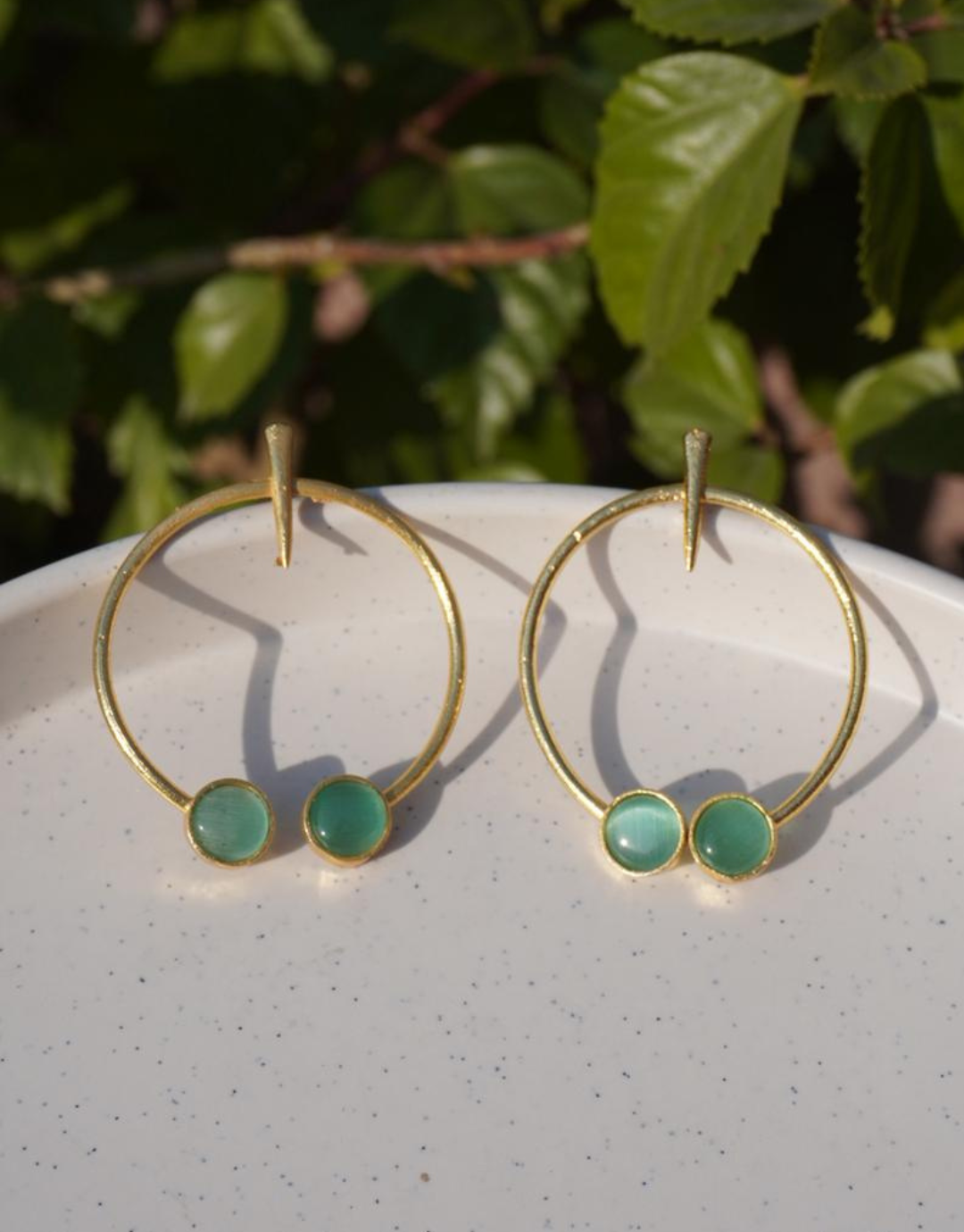 Golden Circular Drop Earrings with Sea-Green Cabochons