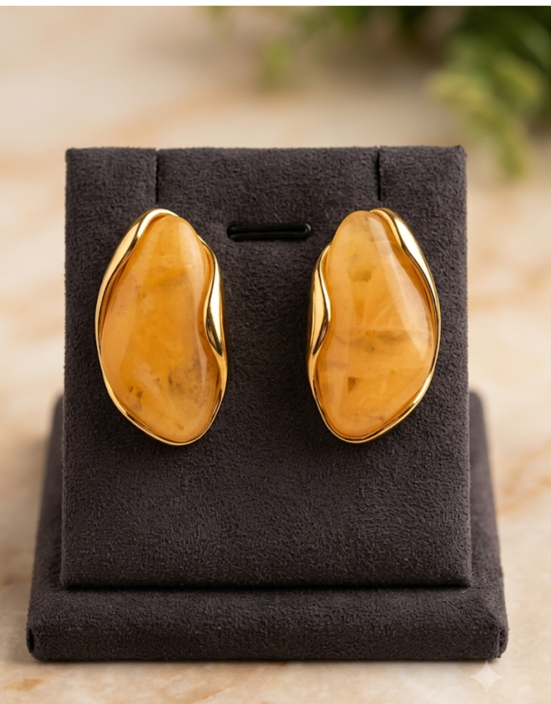 Amber Yello & Gold Organic Drop Earrings – Resin & Stainless Steel