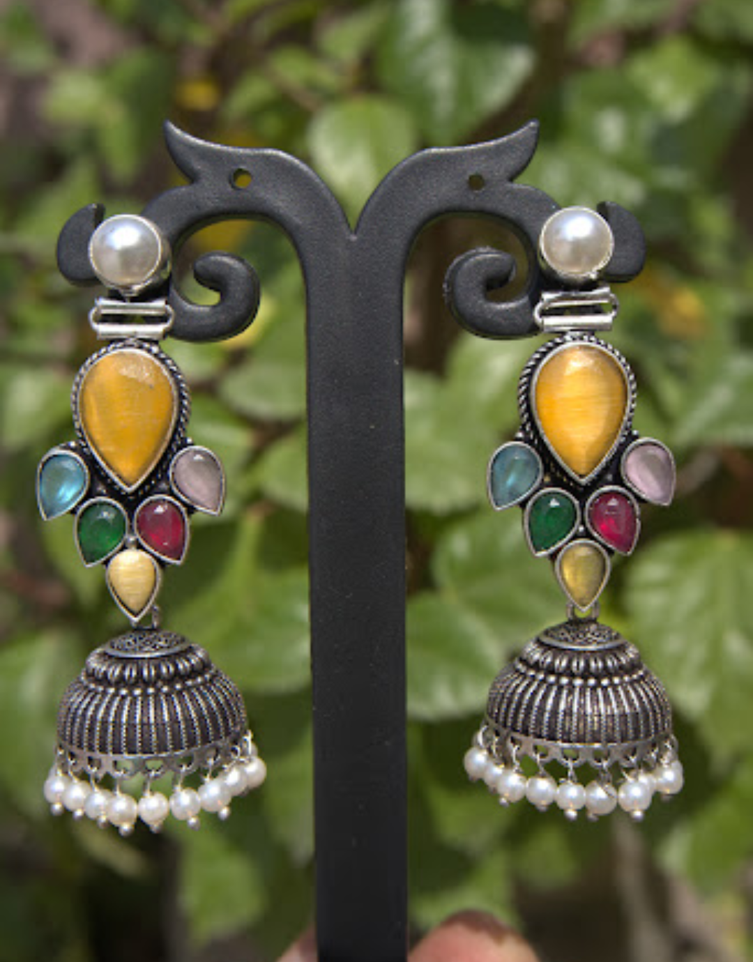 Antique Silver-Finish Multicolored Stone Jhumka Earrings with Pearl Accents