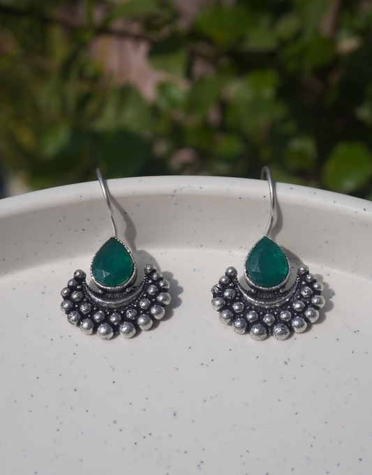 Crescent Drop Earrings with Pear-Cut Green Gemstone | Oxidized Silver