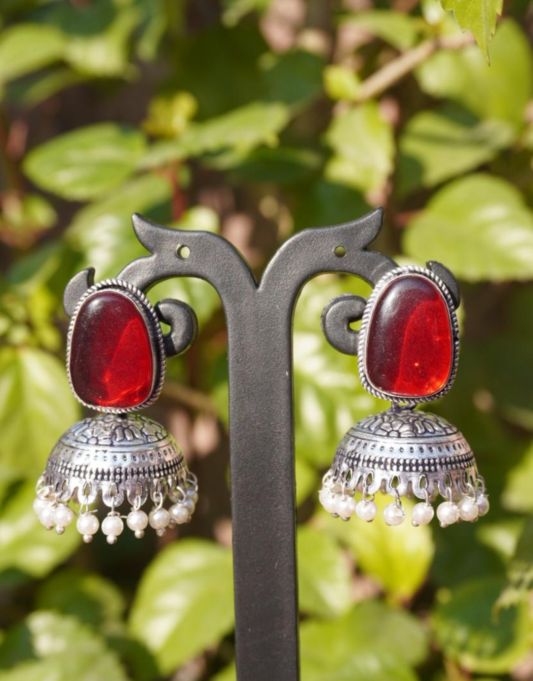 Royal Crimson Jhumka Earrings – Oxidized Silver & Ruby Red Stone