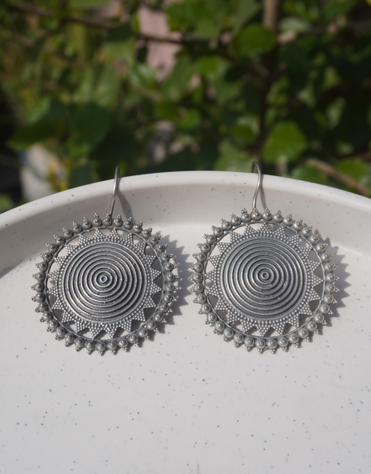 Mandala Spiral Drop Earrings – Tribal Sunburst Statement Jewelry