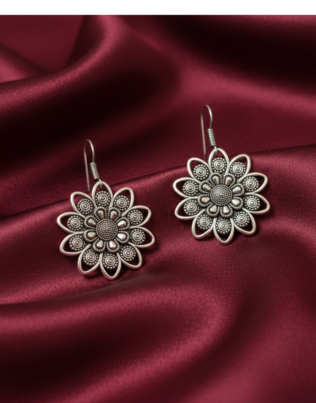 Oxidized Silver Sunflower Drop Earrings