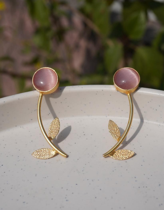 Rose Quartz & Golden Leaf Drop Earrings
