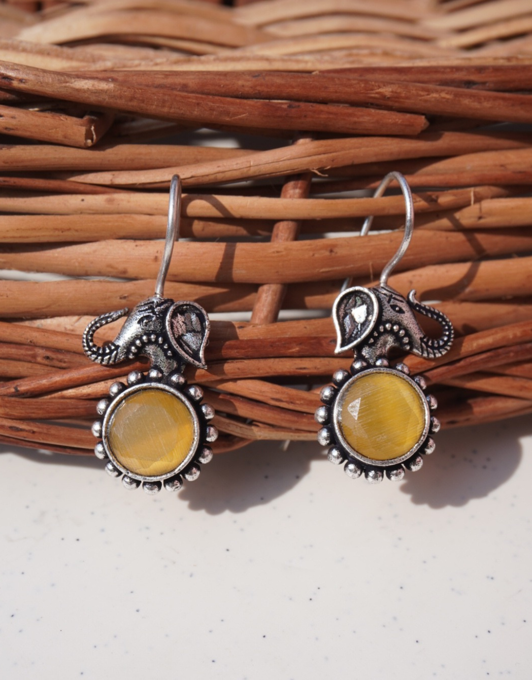 Elephant Drop Earrings with Citrine-Yellow Stone Accents