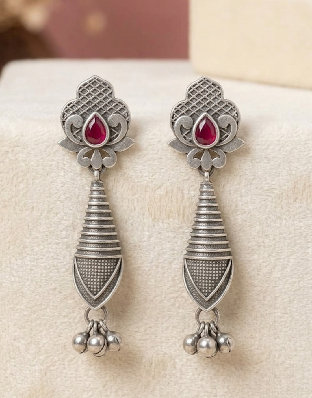 Crafted Antique Silver Lotus & Ruby Dangle Earrings