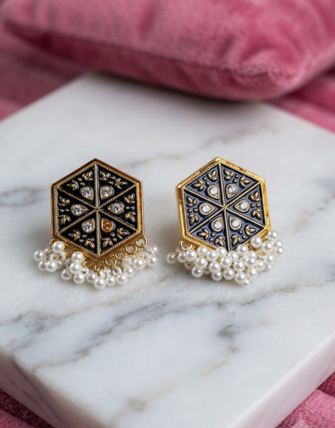 Royal Hexagon Meenakari Stud Earrings with Pearl Cluster
