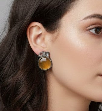3-Pair Ethnic Oxidized Silver Earring Set with Green, Red, and Yellow Stones