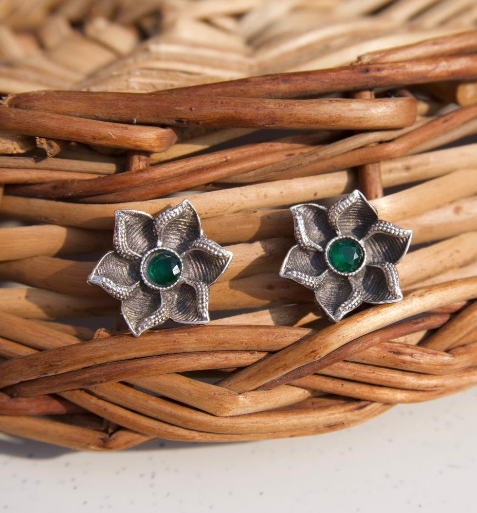 Oxidised Floral Stud Earring with Green Stone – Lightweight Daily Wear Jewellery