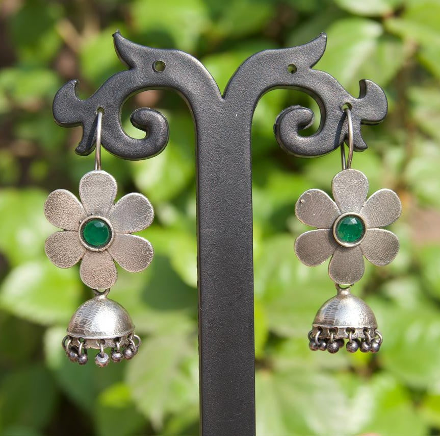 Oxidised Silver Flower Jhumka with Green Stone