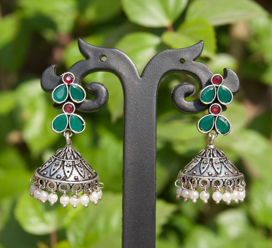 Statement Silver-Look Jhumka Earrings with colorful stones