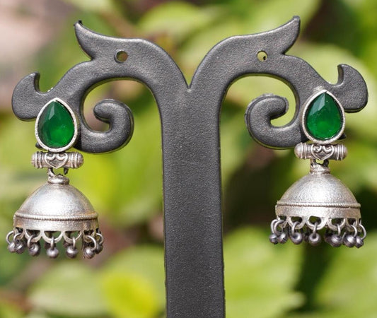 Emerald Green Stone Oxidized Silver Jhumkas