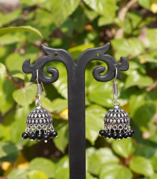 Traditional Oxidized Silver Jhumka Earrings with Black Beads
