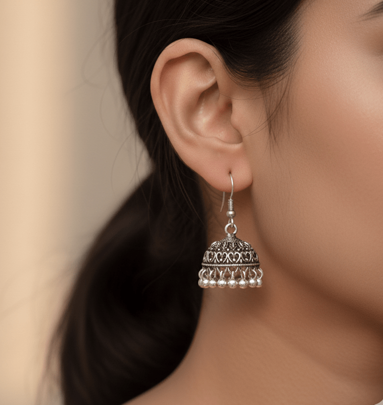 Antique Finish Tribal Earring Set – 3 Pairs of Traditional Lotus, Jhumkas, and Crescent Studs