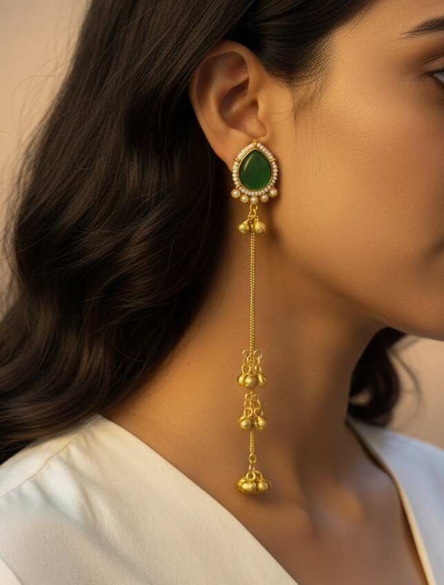 Long-Chain Kashmiri Jhumka Earrings | Green Onyx Drop & Pearl Accents