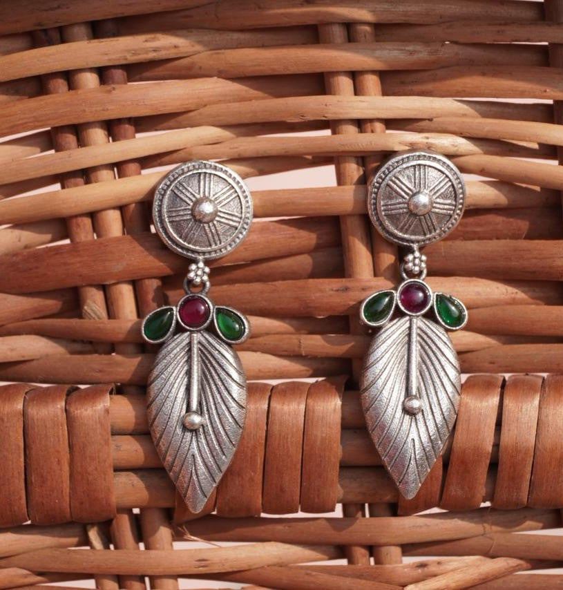 Oxidised Silver Leaf Drop Earrings with Ruby & Emerald Stones