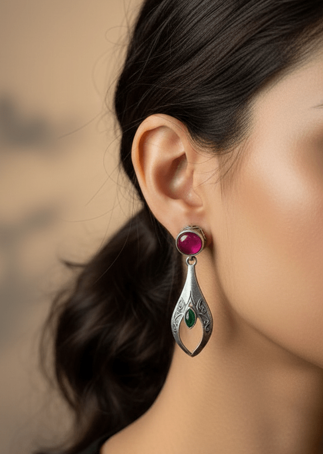 Fusion Pink Ruby & Emerald-Tone Stone Long Earrings