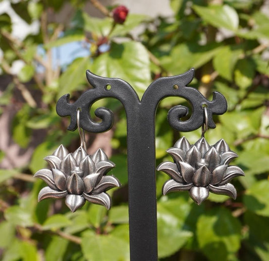 Artisan Oxidized Silver Lotus Drop Earrings | Statement Floral Jewelry