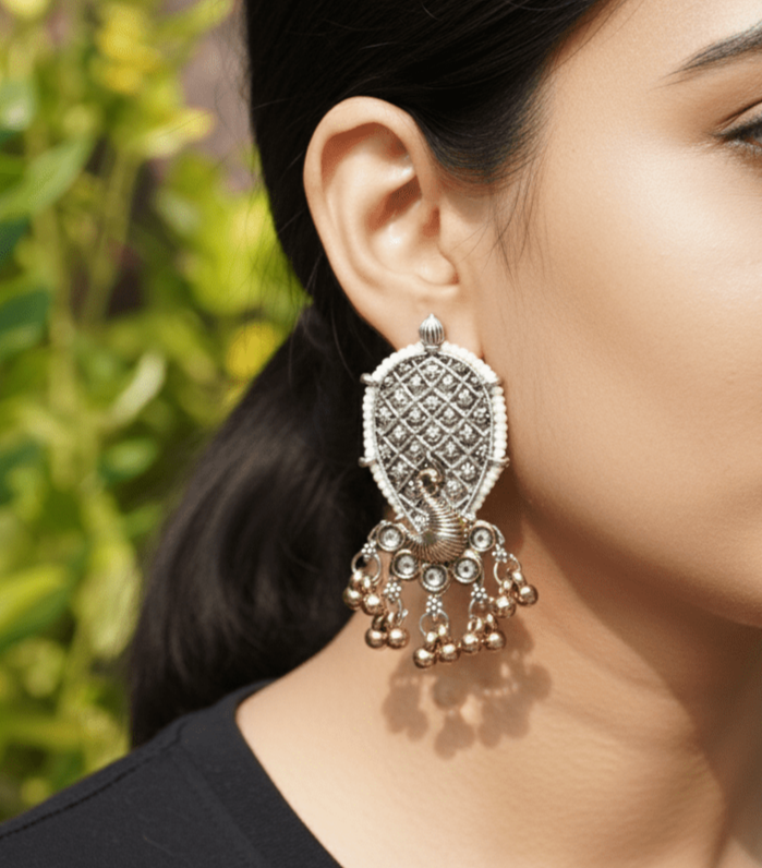 Antique Silver Peacock Drop Earrings