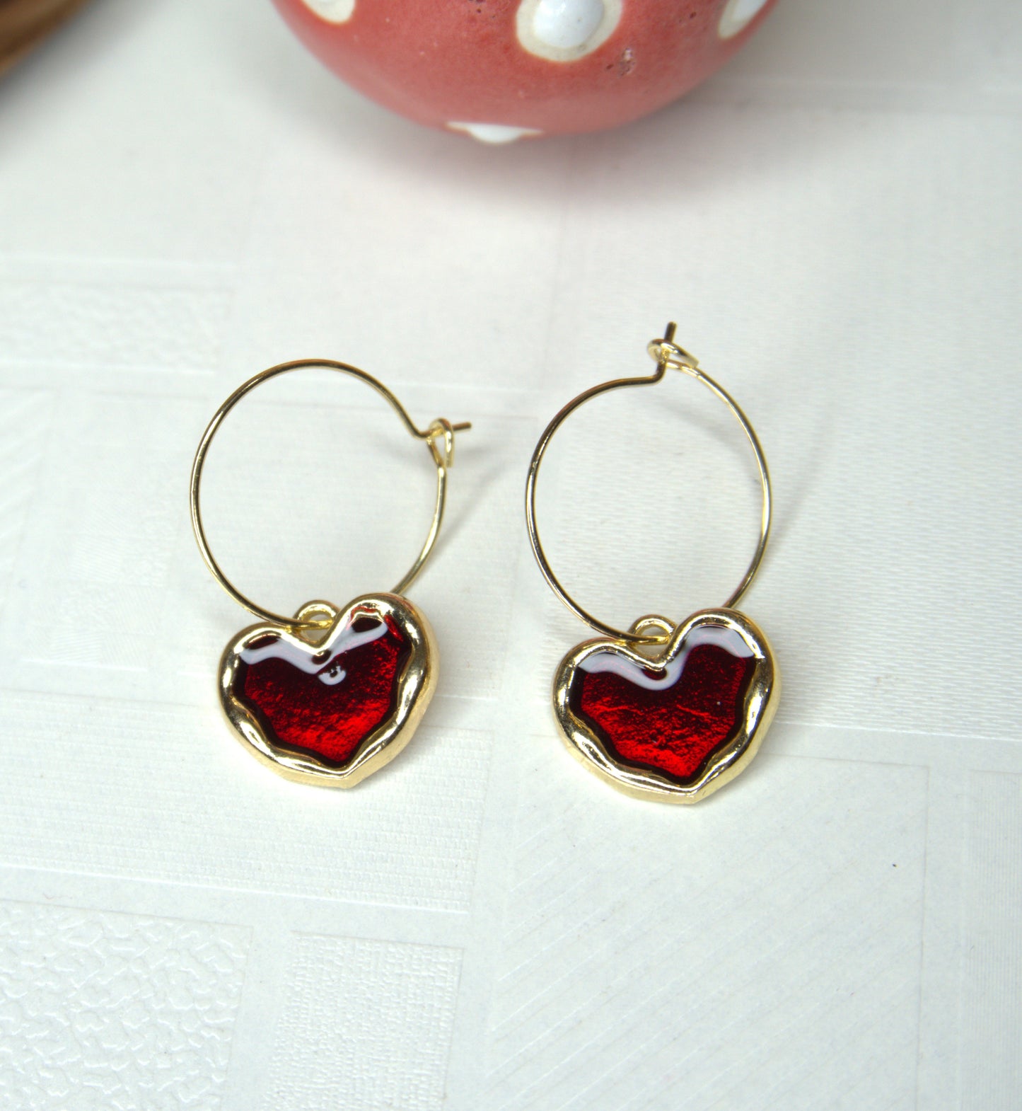 Gold-Toned Mini Hoops with Red Enamel Heart Dangle