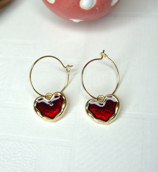 Gold-Toned Mini Hoops with Red Enamel Heart Dangle