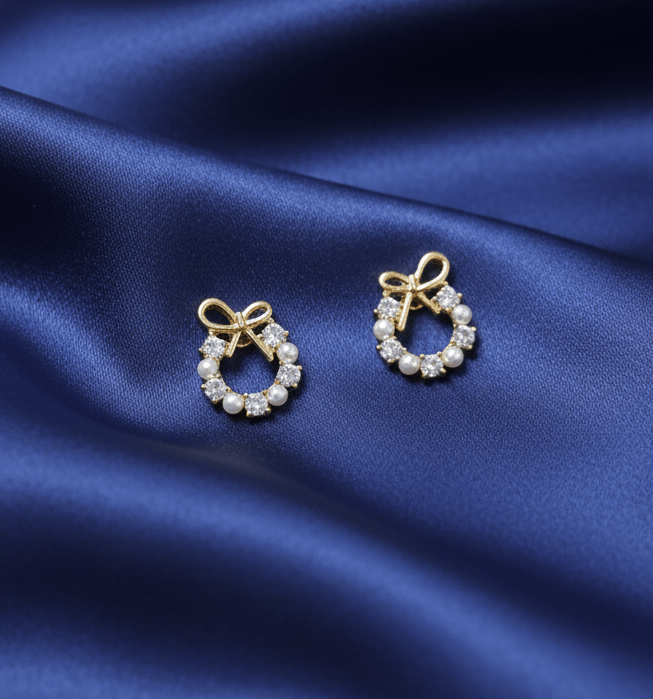 Elegant Golden Bow & Pearl Wreath Stud Earrings