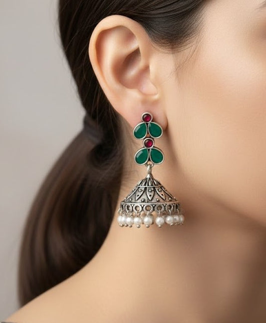 Artisanal Silver Harmony Trio – Emerald Kemp Jhumkas, Floral Drops & Crescent Stud Set
