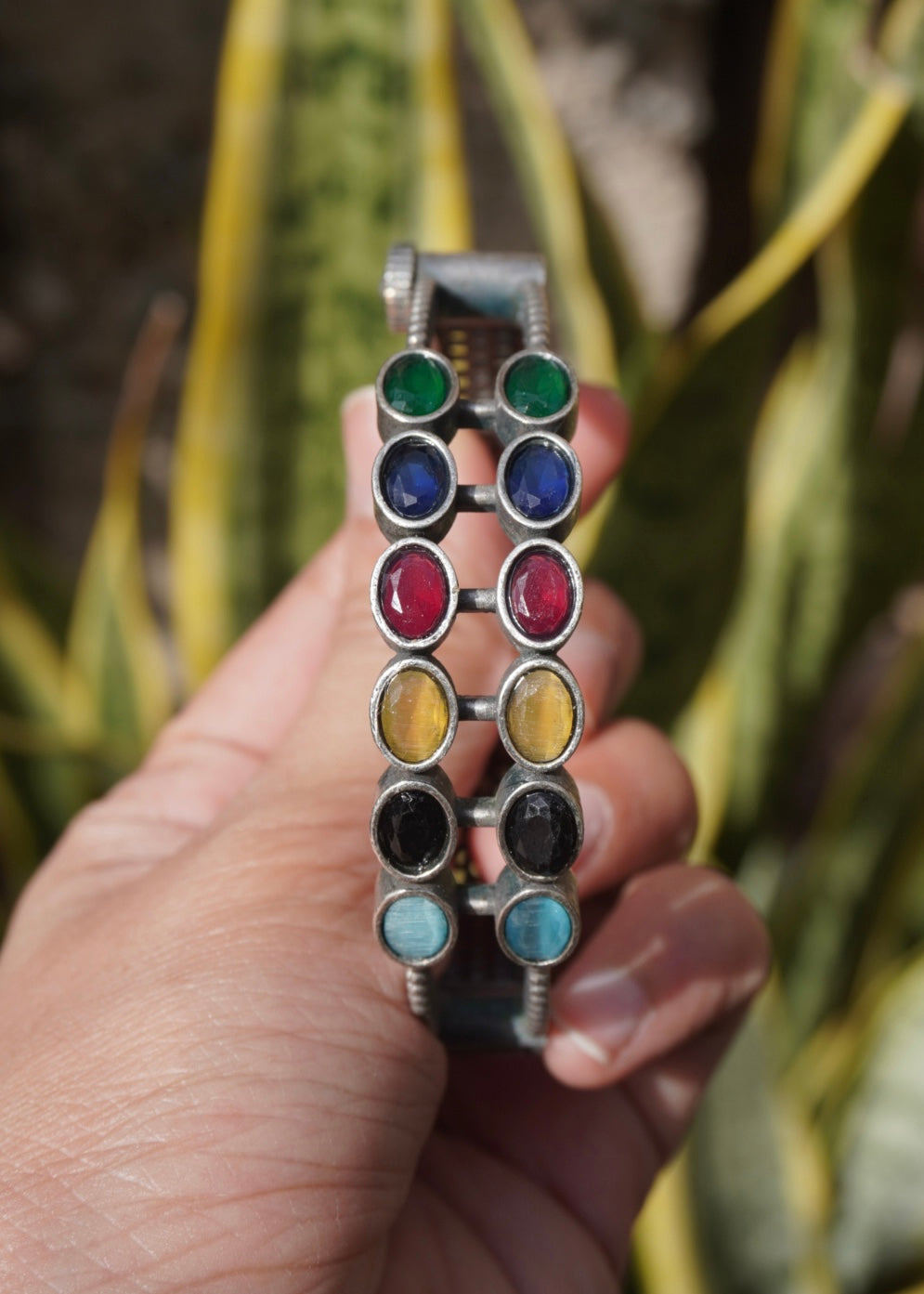 Navratna-Inspired Multi-Stone Dual-Rail Bangle – Vibrant Colored Stone Statement Kada in Oxidized Silver