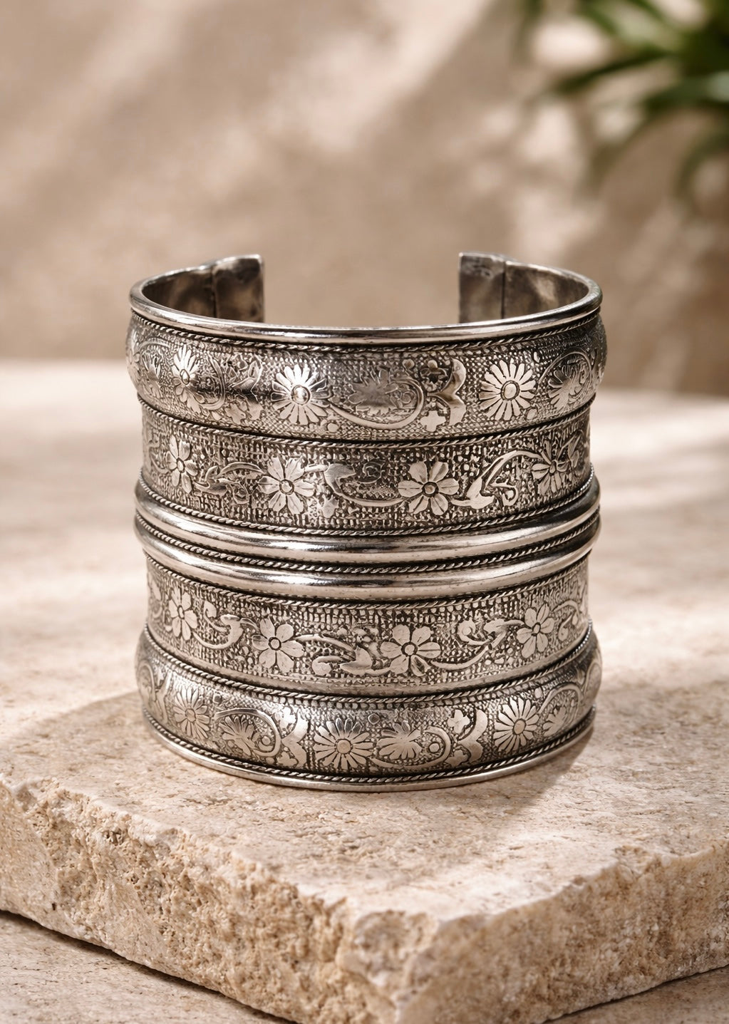 Antique Silver Ornate Etched Tribal Cuff Broad Bracelet