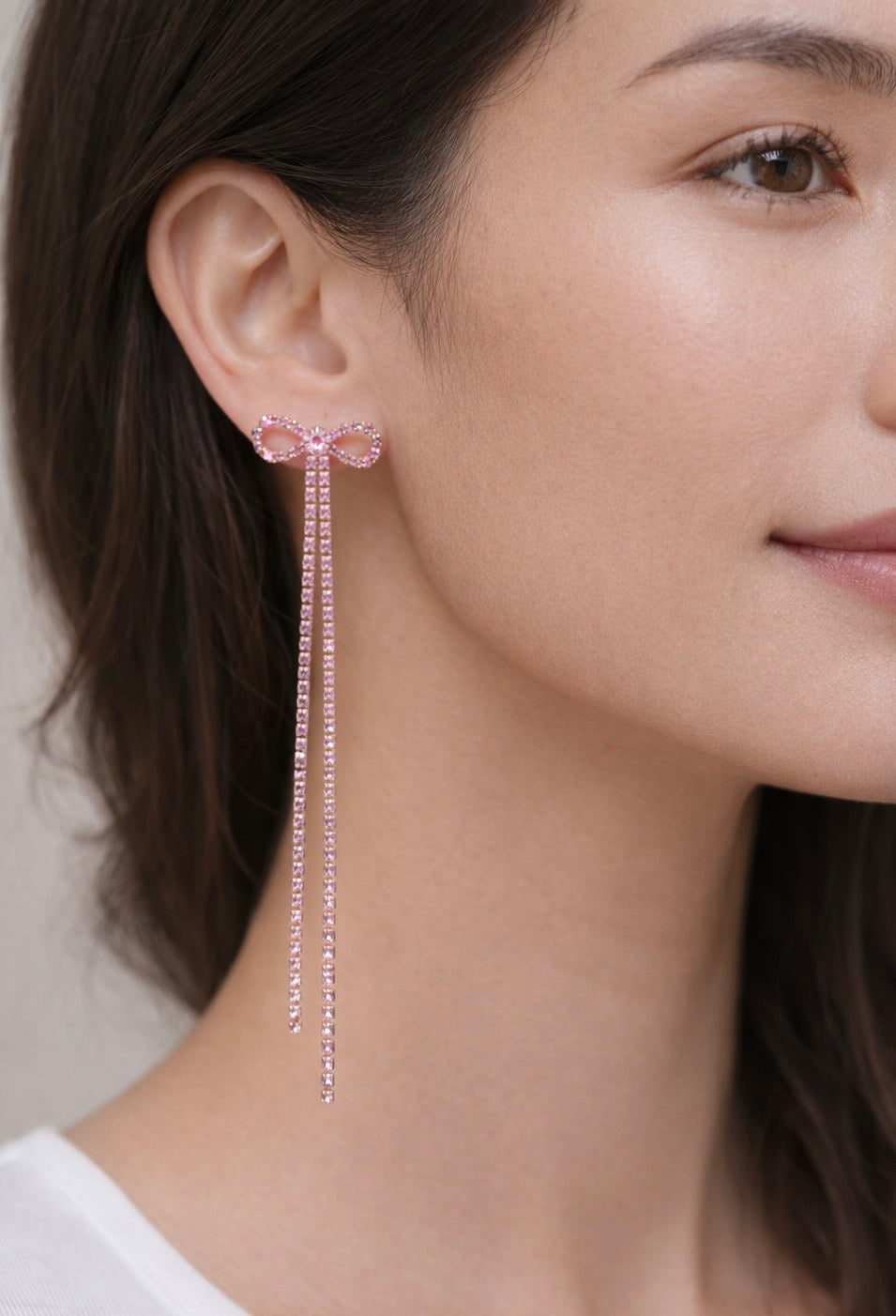 Pink Crystal Bow Shoulder Dusters | Rose Gold Rhinestone Tassel Drop Earrings