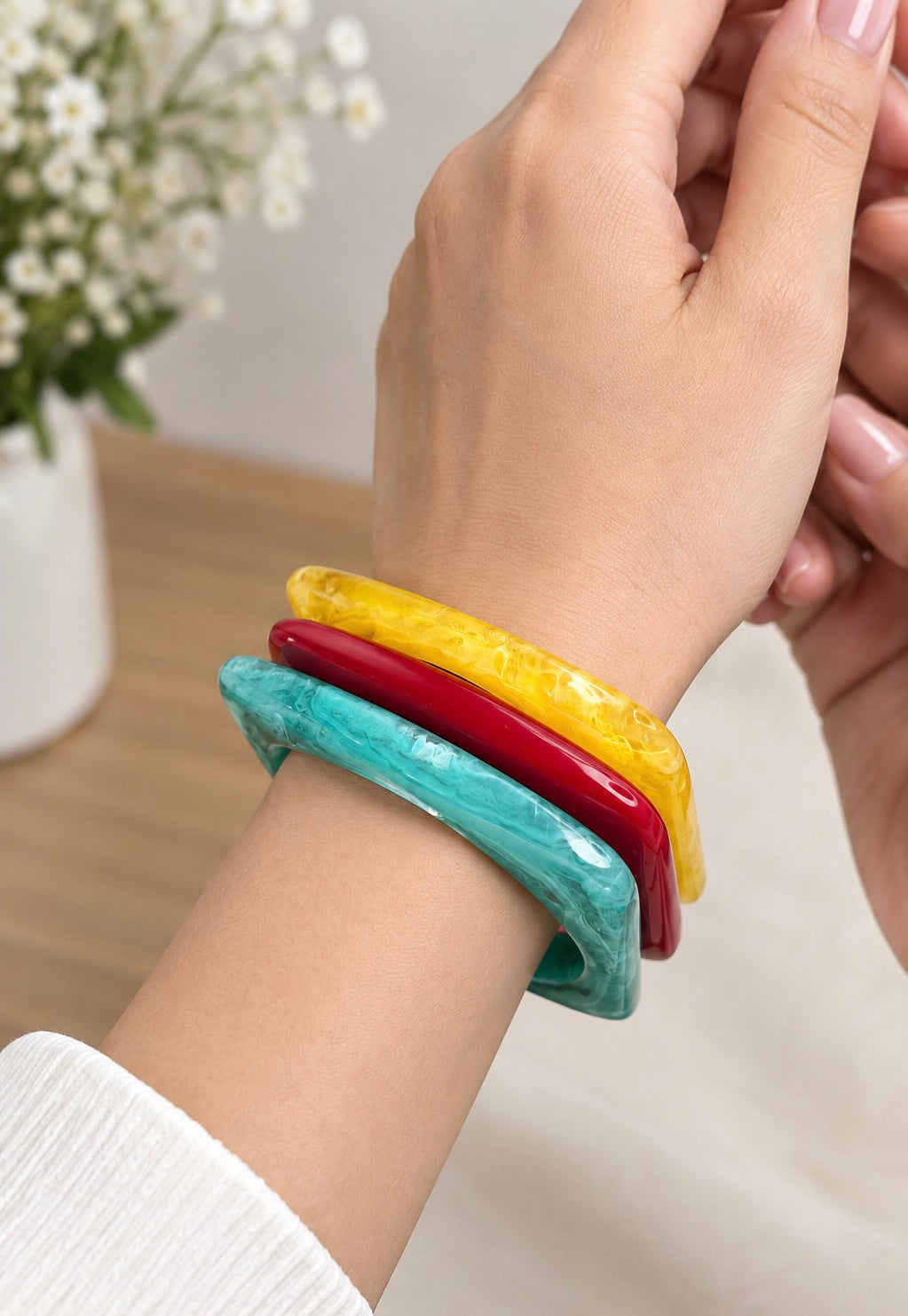 Retro Color-Block Square Resin Bangle Set | Marbled Aqua, Cherry Red & Honey Amber Cuffs (Set of 3)