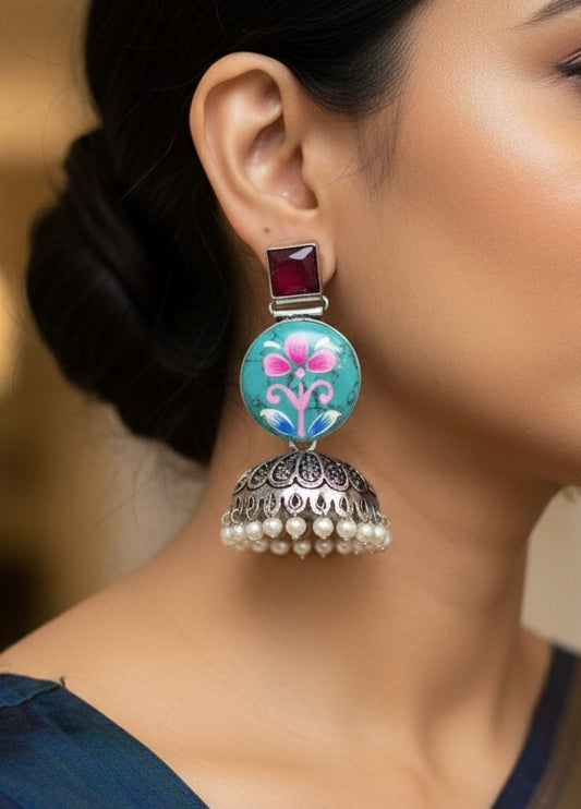 Meenakari Hand-Painted Floral Jhumkas with Turquoise Accents