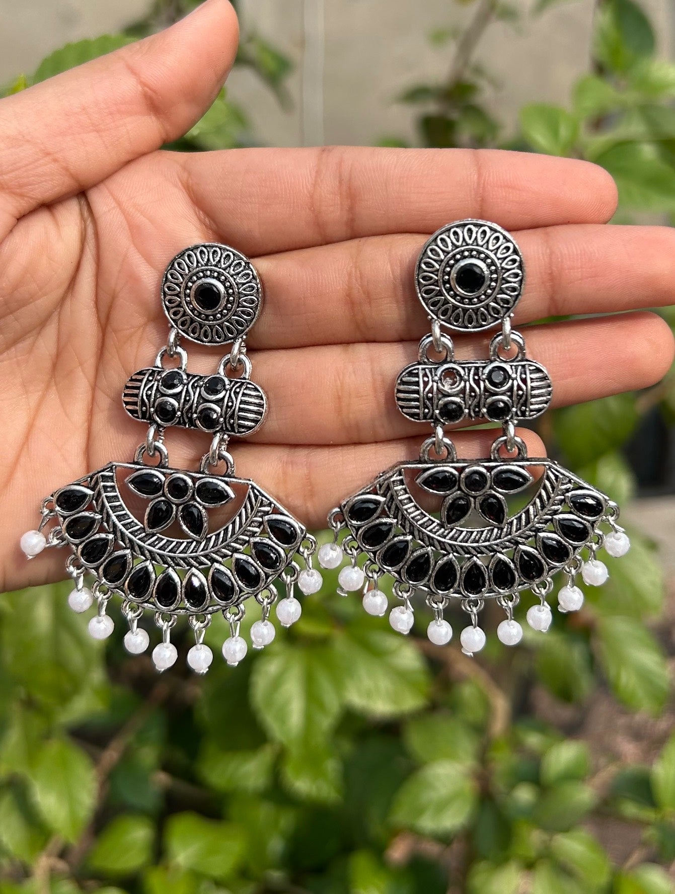 Antique Silver Oxidized Chandbali Earrings with Pearl Drops