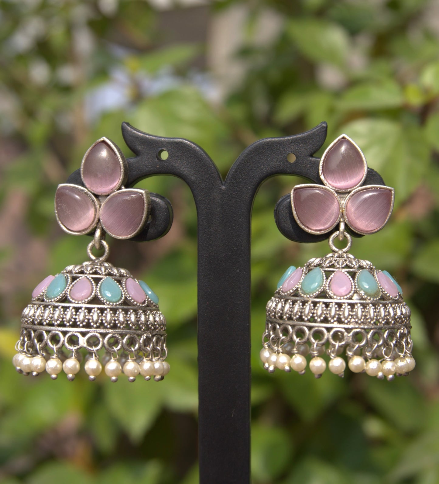 Pastel Oxidised Kundan Floral Jhumka Earrings – Handmade Ethnic Pearl Drop Jhumkas
