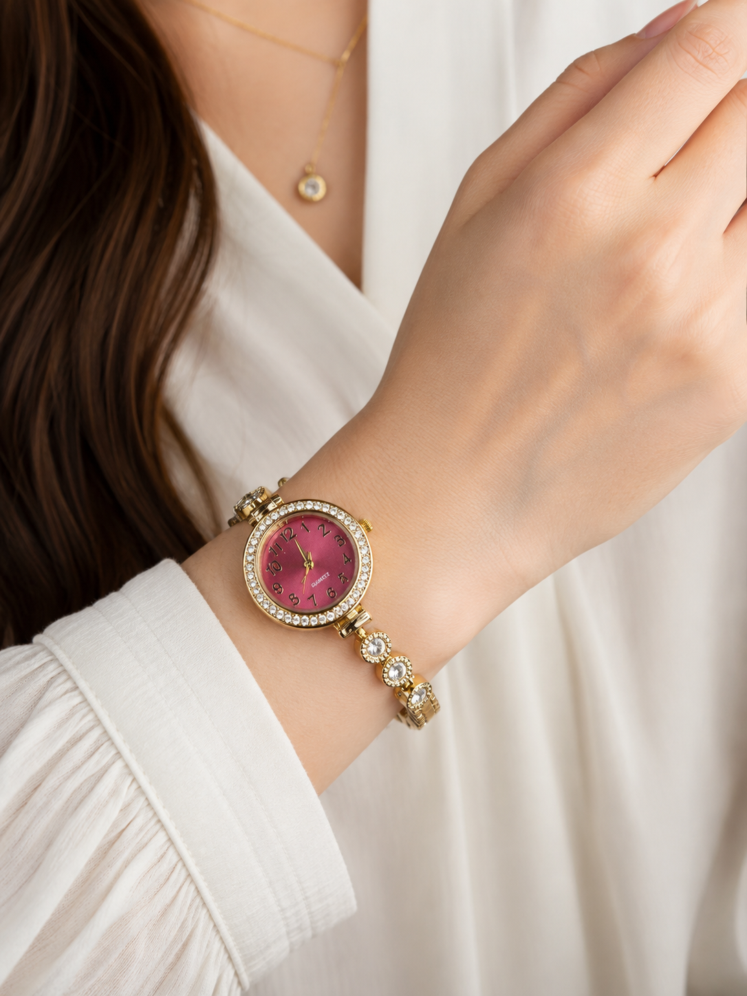 Raspberry Pink Dial Crystal Halo Watch