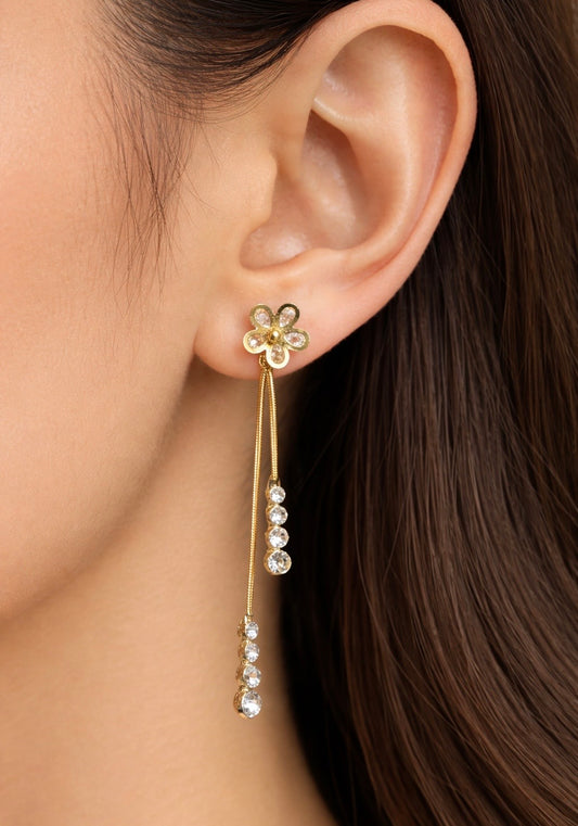 Gold Floral Drop Earrings with Dual Chain & Crystal Danglers