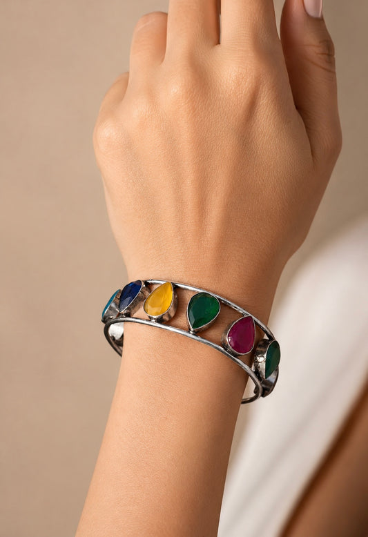 Teardrop Open Cuff – Multi-Color Jewel Stone Split Band Bangle in Textured Silver