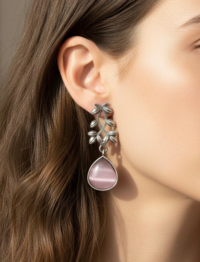 Pink Teardrop Oxidised Silver Leaf Drop Earrings