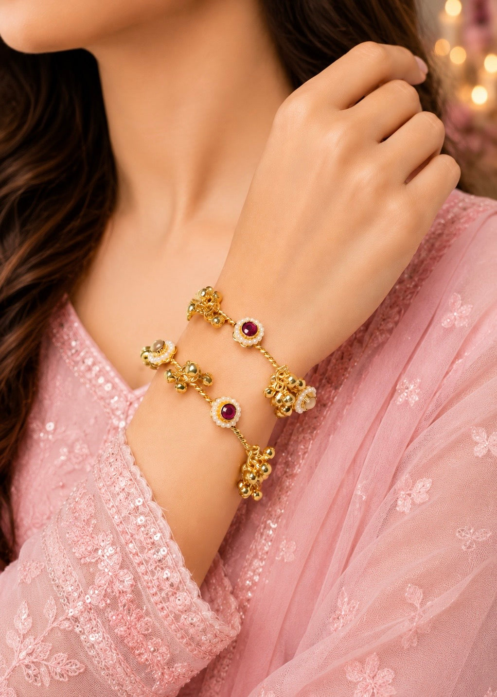 Golden Ghungroo & Pearl Floral Kangan Set | Traditional Indian Stone & Bell Bangles (Pair of 2)