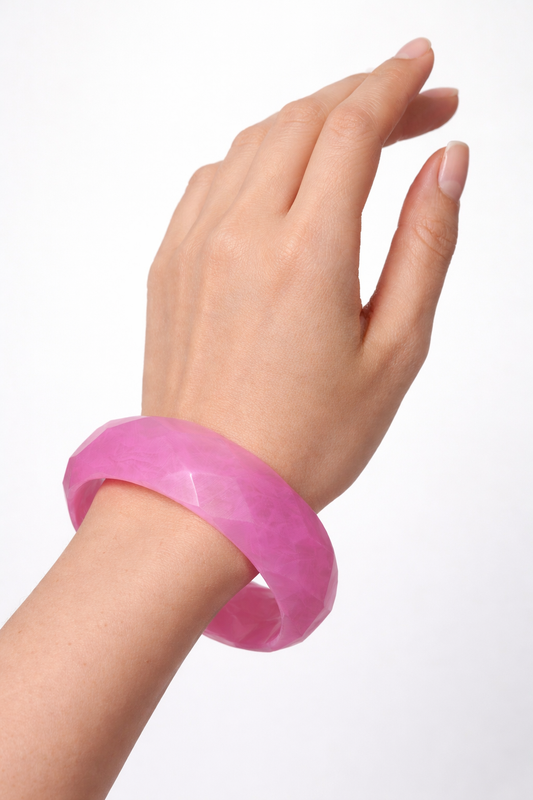 Facet-Cut Fuchsia Resin Bangle | Bold Chunky Pink Translucent Statement Bracelet