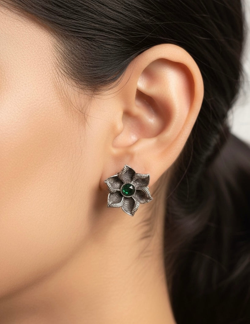 Oxidised Floral Stud Earring with Green Stone – Lightweight Daily Wear Jewellery