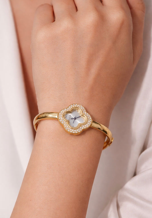 Gold Quatrefoil Bangle Watch With Crystal Bezel