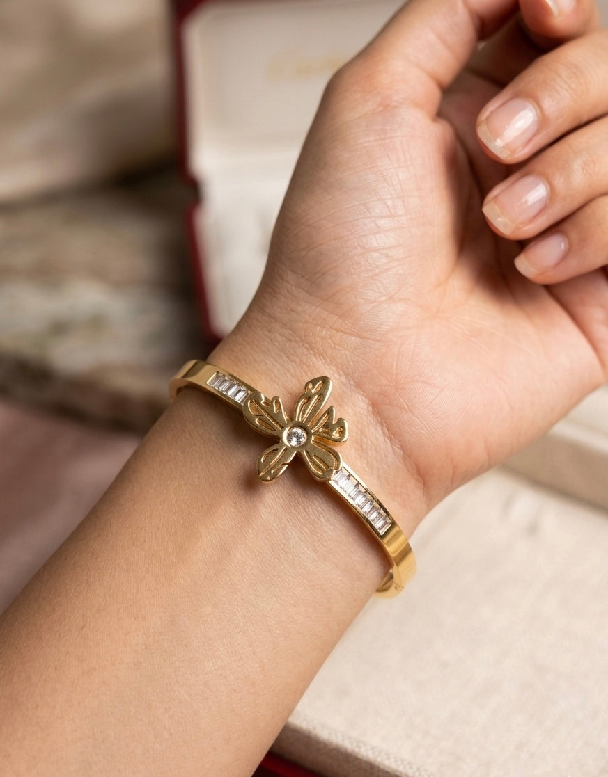 Gold Butterfly Baguette – Luxury Hinged Bracelet with Crystal Inlays