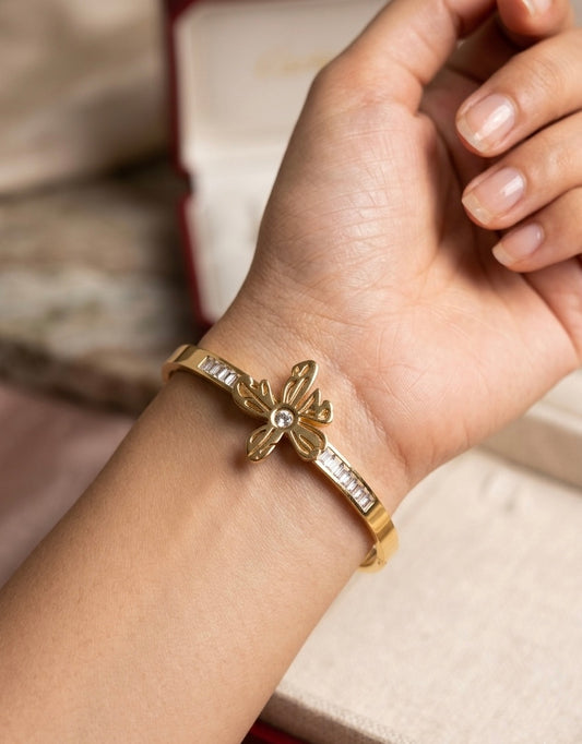Gold Butterfly Baguette – Luxury Hinged Bracelet with Crystal Inlays