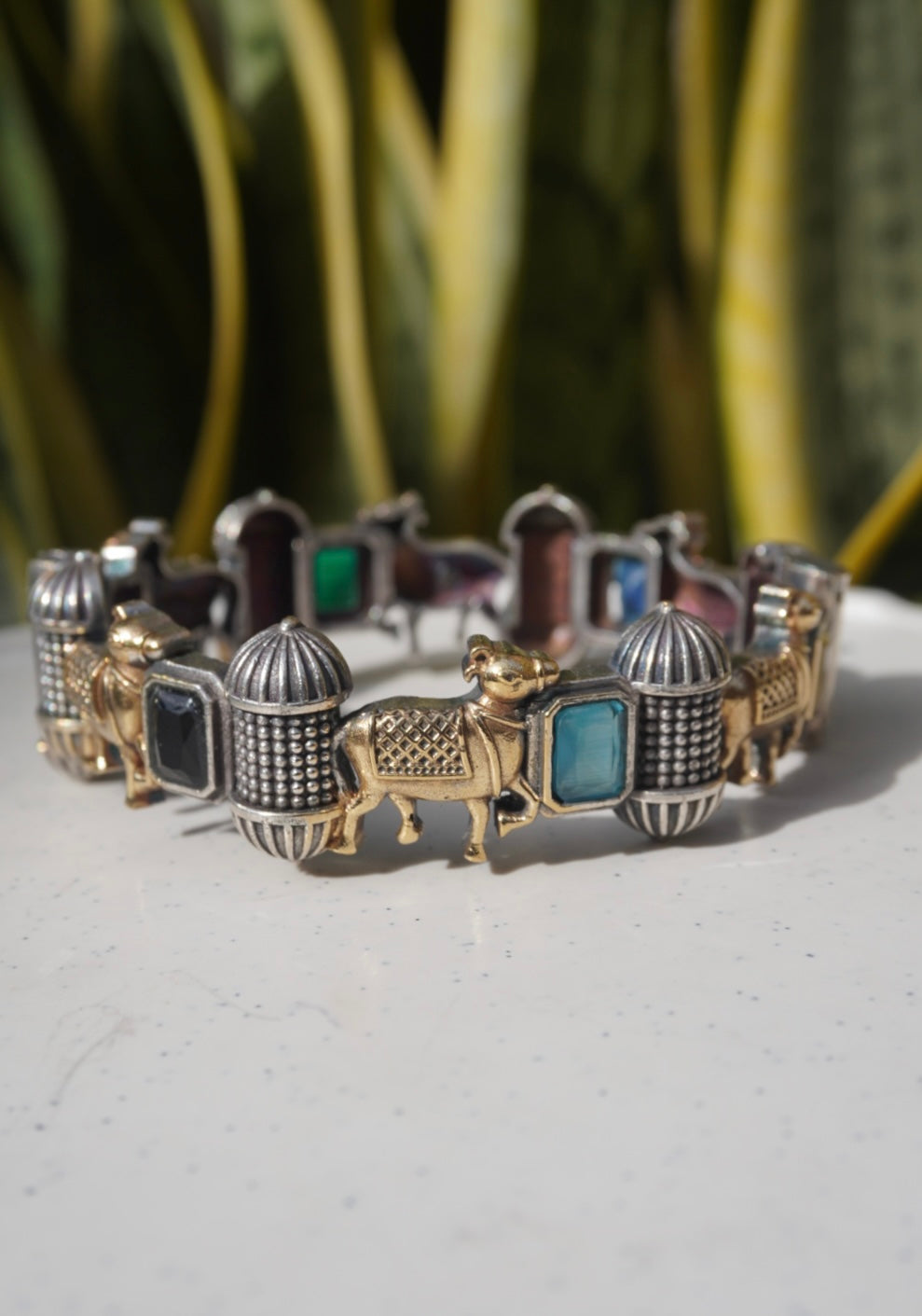Royal Heritage Charm Link Bracelet – Two-Tone Antique Gold and Silver Bracelet with Sapphire & Emerald Accents