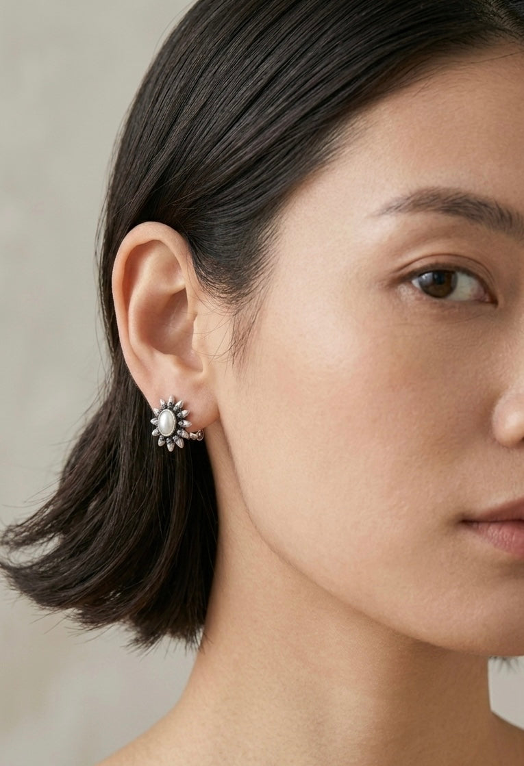 Oxidized Silver Stone Studs | Tribal Sunburst Petite Earrings with Pastel Accents
