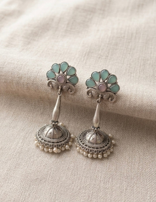 Seafoam Floral Oxidized Jhumkas – Antique Silver Long Drop Earrings with Pastel Stone Inlays